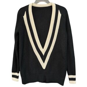 Varsity Deep V Oversized Black Cream Sweater Pullover M/L